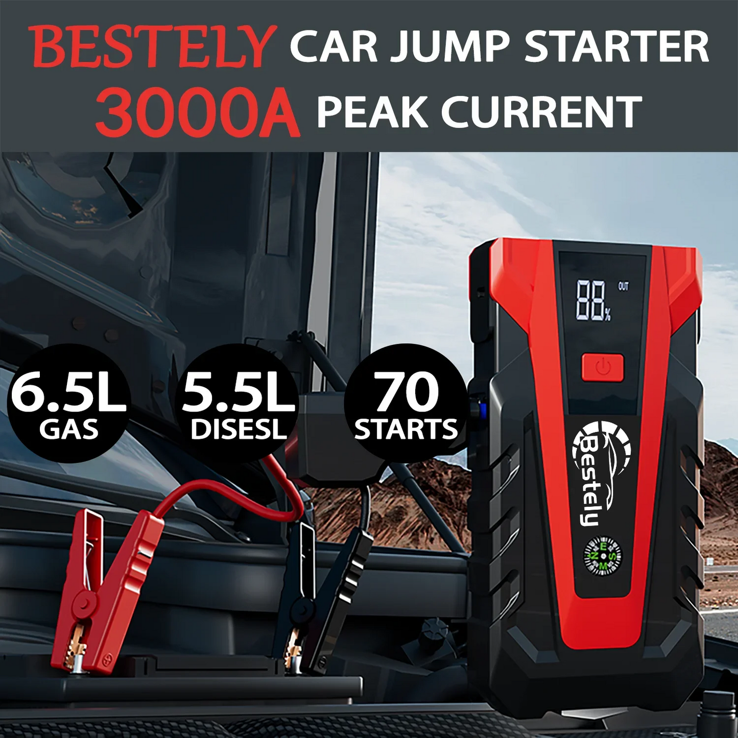 Latest 12v Car Battery Jump Starter,3000A Peak Jump Starter Battery Pack,Portable Jump Box with Full LCD Screen & LED Light &USB