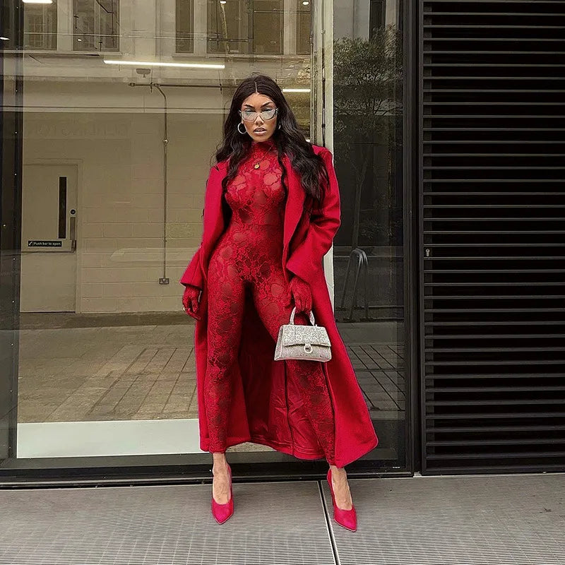 Mesh Sheer Hollow Out Long Sleeve Sexy See Through Skinny Exotic Jumpsuit Bodycon Summer Women Outfit Night Party with Gloves