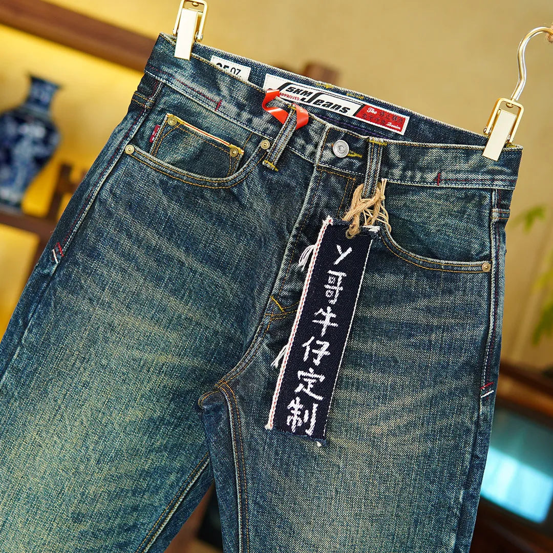 Heavyweight 25oz Red Selvedge Denim Jeans for Men American Vintage Casual 100% Pure Cotton Regular Straight Trousers 5KM Winter