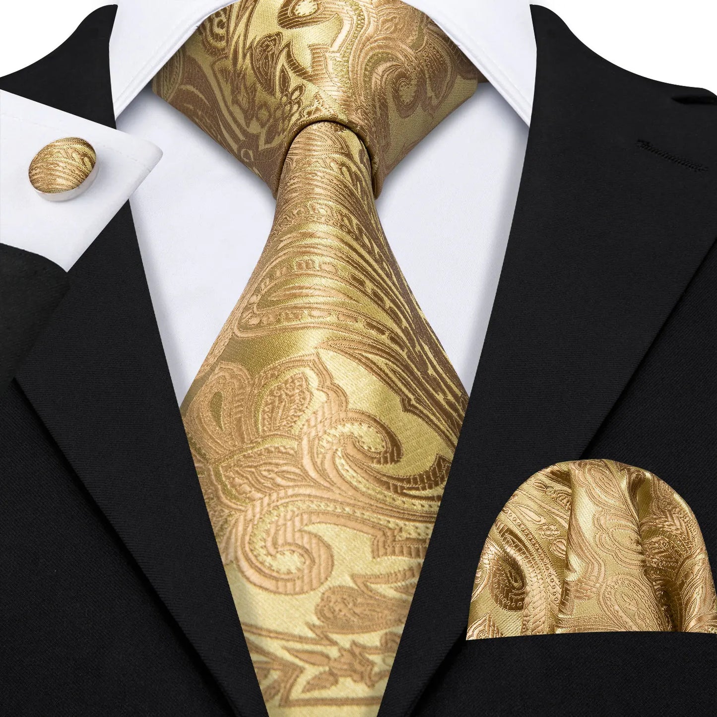 Barry.Wang Orange Brown Silk Mens Tie Hanky Cufflinks Set Gold Coffee Jacquard Designer Necktie For Male Wedding Business Party