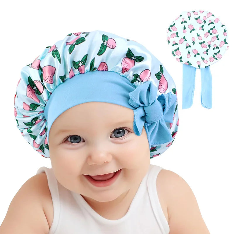 Adjustable Silky Satin Cap  Cartoon Baby Kids Print Satin Bonnet Sleep Hat Cap for Curly Hair