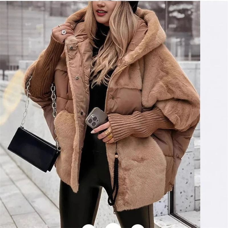 Women‘s Hooded Patchwork Warm Coat Autumn Padded Jacket Oversize Outerwear In Winter