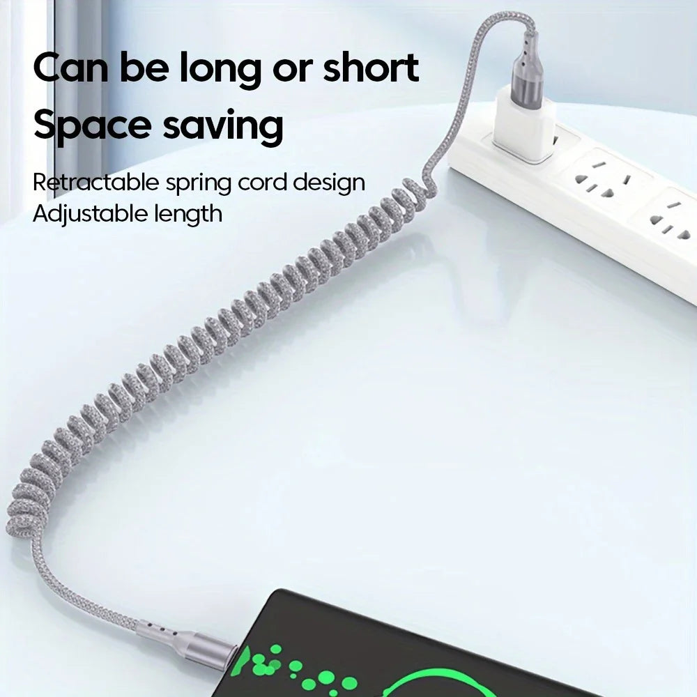 Spring Car Charger Cord 3A Fast Charging USB Cable For iPhone 14 11 12 13 Pro X XS Max 6 7 8 Plus SE iPad Data Wire