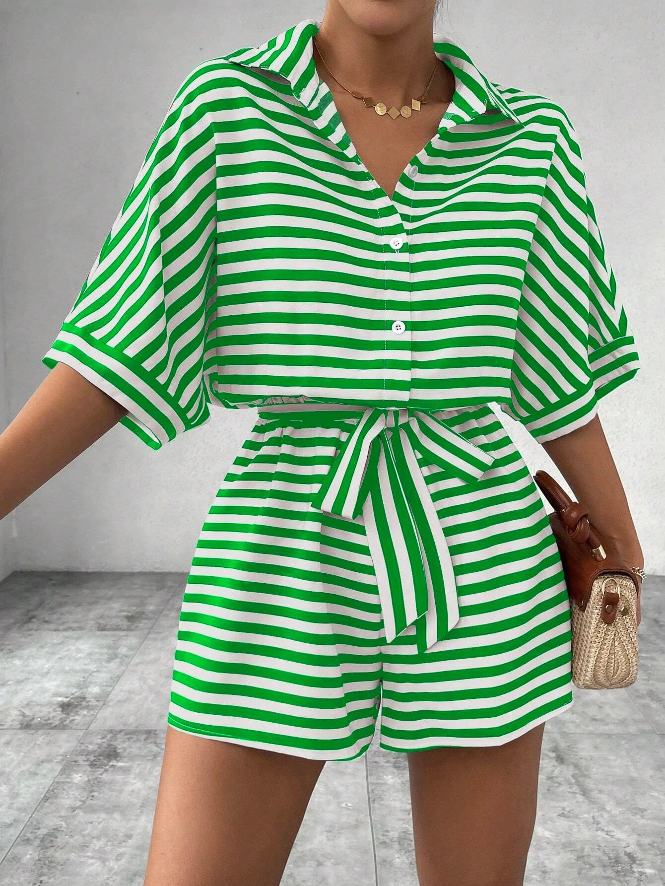 Summer New Set For Women's Casual Loose Comfortable Outfit Fashion Striped Batwing Sleeve Shirt Top+ Shorts 2-piece Sets Woman