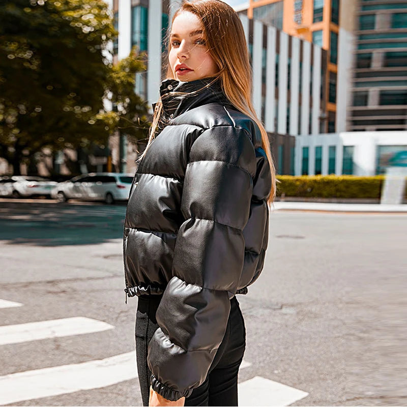 Winter Warm Thick PU Leather Coats Women Short Parkas Fashion Black Cotton Padded Lady Down Jacket Elegant Zipper Clothes 2025