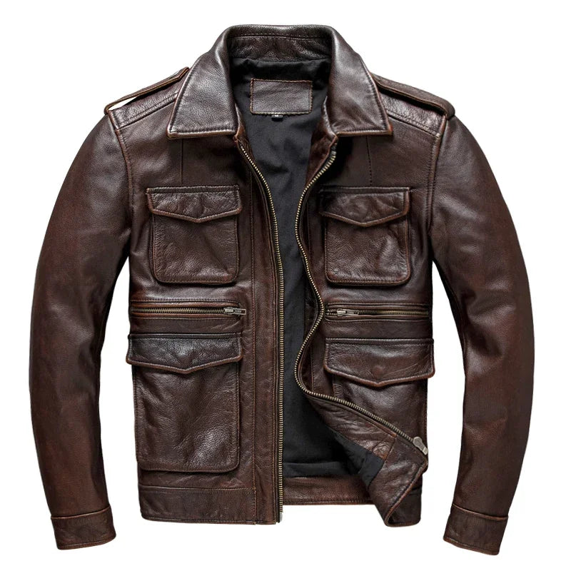 Heavy Industry M65 Hunting Cowhide Leather Jacket Men's Tooling Vintage Red Brown Genuine Leather Coats Plus Size