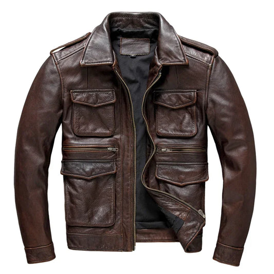 Heavy Industry M65 Hunting Cowhide Leather Jacket Men's Tooling Vintage Red Brown Genuine Leather Coats Plus Size