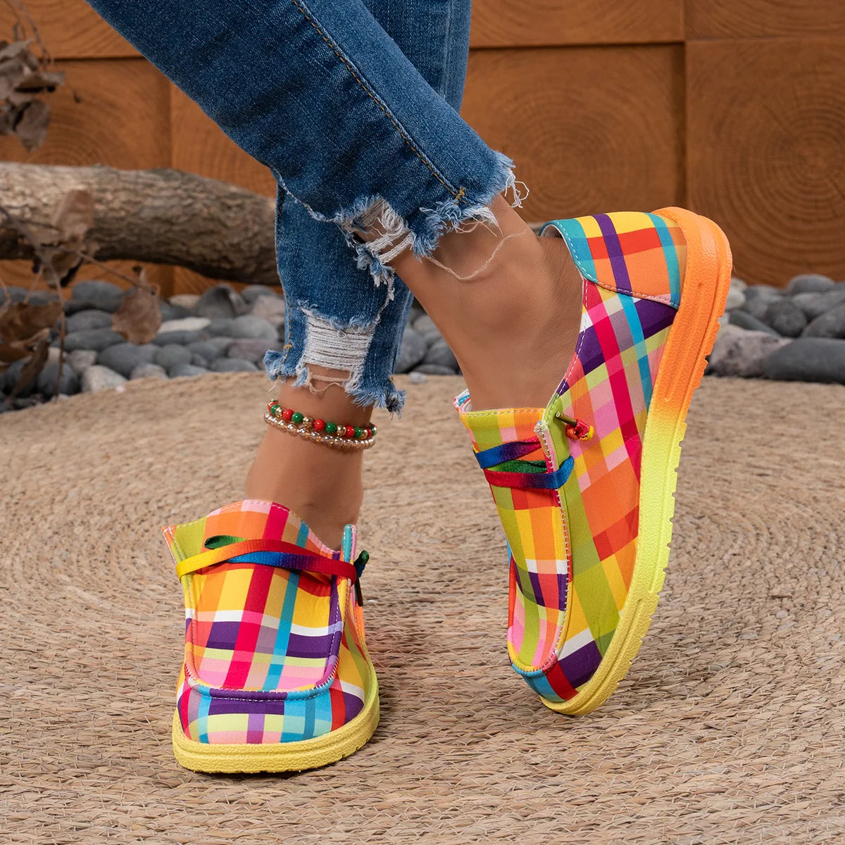 Women Flats Round Toe Multi-Color Sneakers Women Ethnic Rainbow Canvas Shoes Autumn New Casual Daily Flat Loafers Shoes Ladies