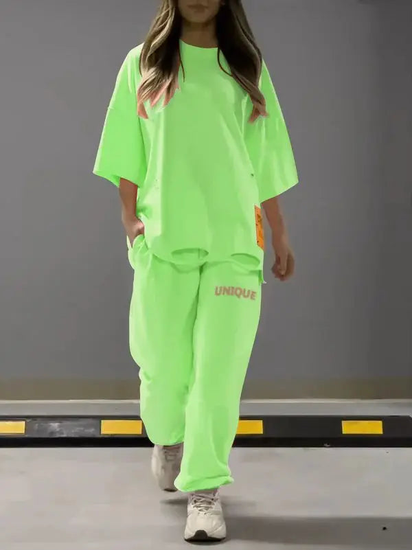 Summer New Fashion Hollowed Out O Neck T Shirt Women's 2 Piece Set Solid Color Casual Relaxed Tracksuit Pants Pocket Female Suit