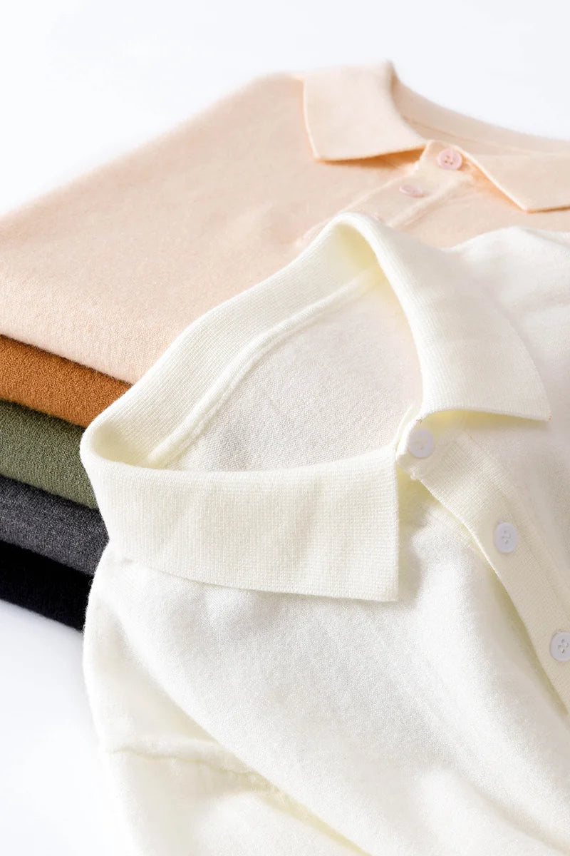 2025 Classic Polo Neck T-Shirt Pullover Men Knitwear Wool Lyocell Blend Sweater Short Sleeved Cool High-Quality Clothing Tops