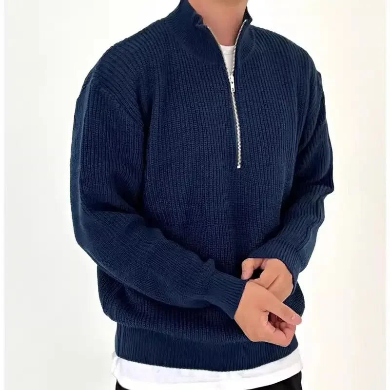 American Fashion Brand Design Korean Style Stand Collar Half Zipper Sweater Men's Temperament Versatile Knitted Sweater