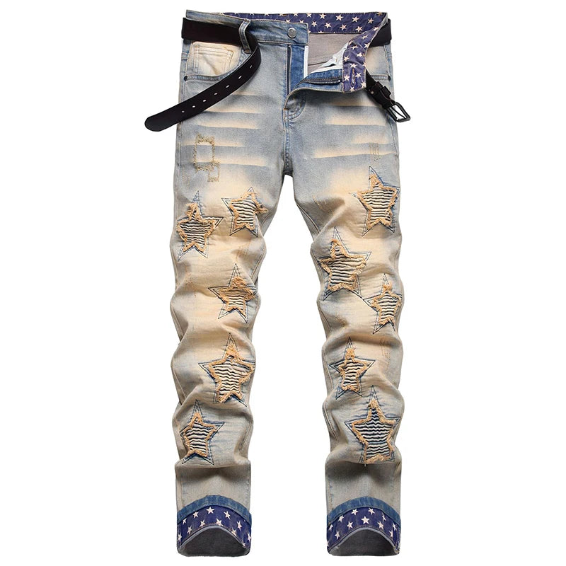 Kakan - New European and American Embroidered and Embroidered Long Jeans for Men's Wear, Retro Cuffed Fashion Stretch Jeans