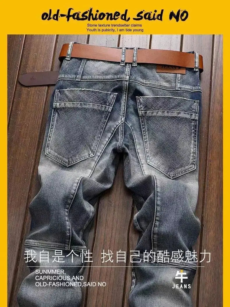 New Spring Autumn Wash Denim Korean Style Blue Designer Cowboy Cycling Motorcycle Splice Vintage Cargo Strech Pant Jean Trousers