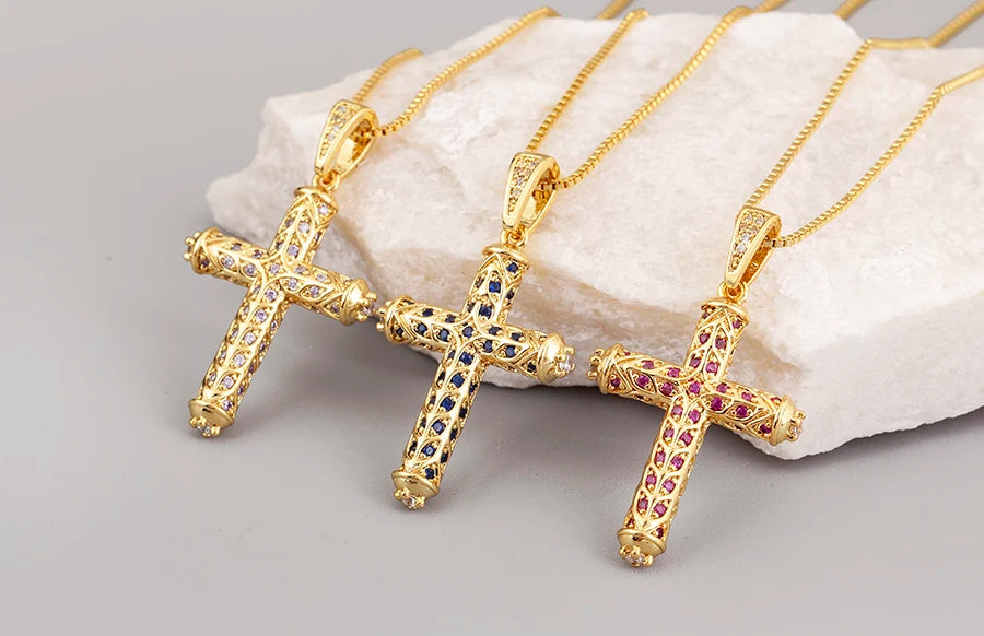 Nidin New Arrival Retro Column Shape Cross Pendant Necklace For Female Male Irregular Geometric Shine Zircon Jewelry Accessories