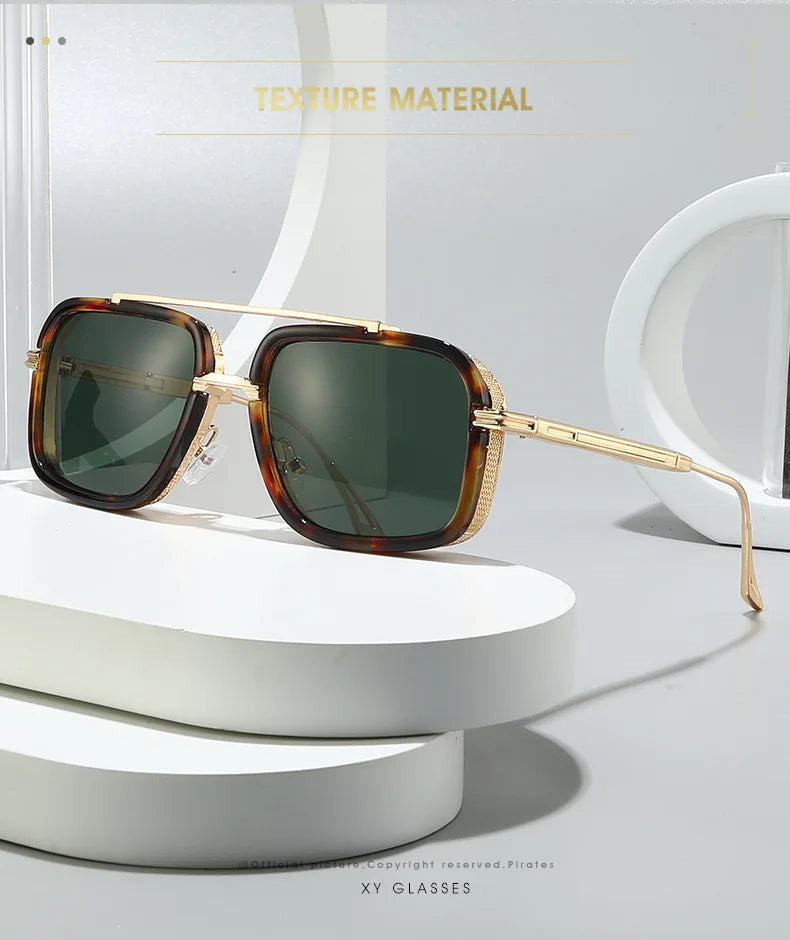 Large Square Sunglasses Men Steampunk Style Metal Pilot Sun Glasses Luxury Designer Brand Eyewear Fashion Shades Double Beam