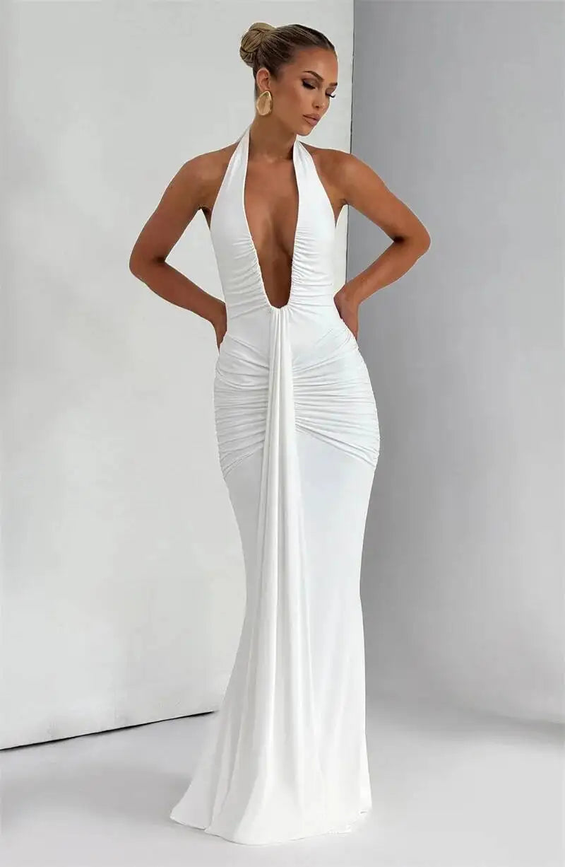 Deep V Neck Draped Ruched Sexy Maxi Dress Women Summer Fashion Halter Sleeveless Backless Club Party Long Dress Elegant BM98