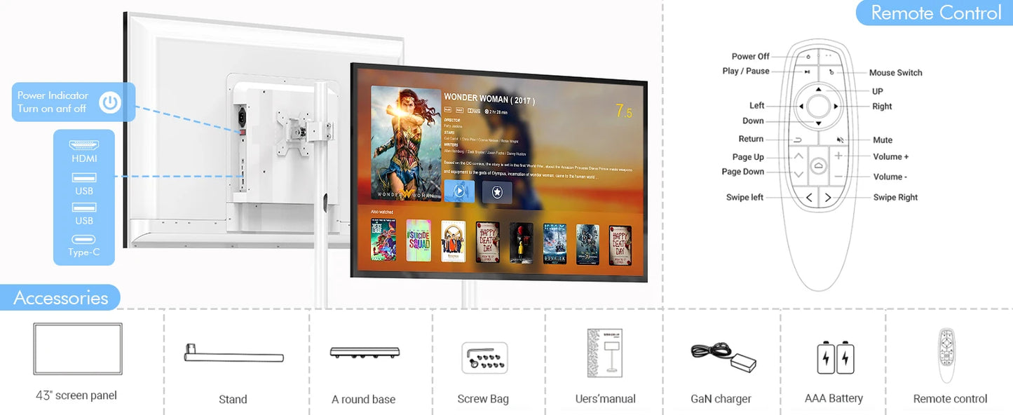 Portable TV 32 Inch Smart Touch, Rotating 2K LCD Screen with Built-in Cables, Android Operating System Stanbyme