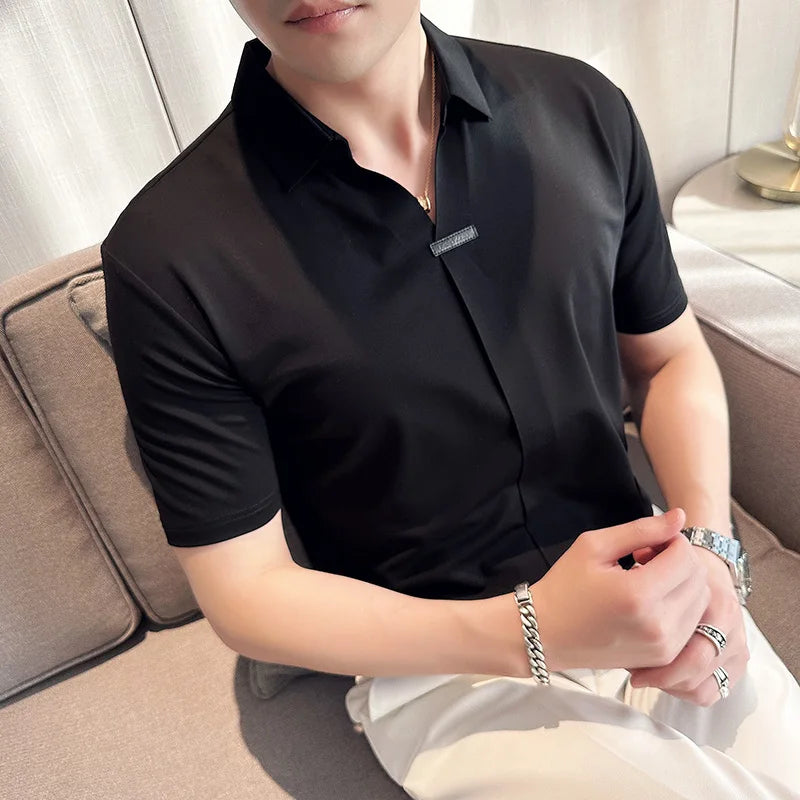 Luxury Purple Polo Shirts For Men High Quality Summer Short Sleeve Men's Polos Ice Silk Elastic Slim Fit Turn Down Collar Tees