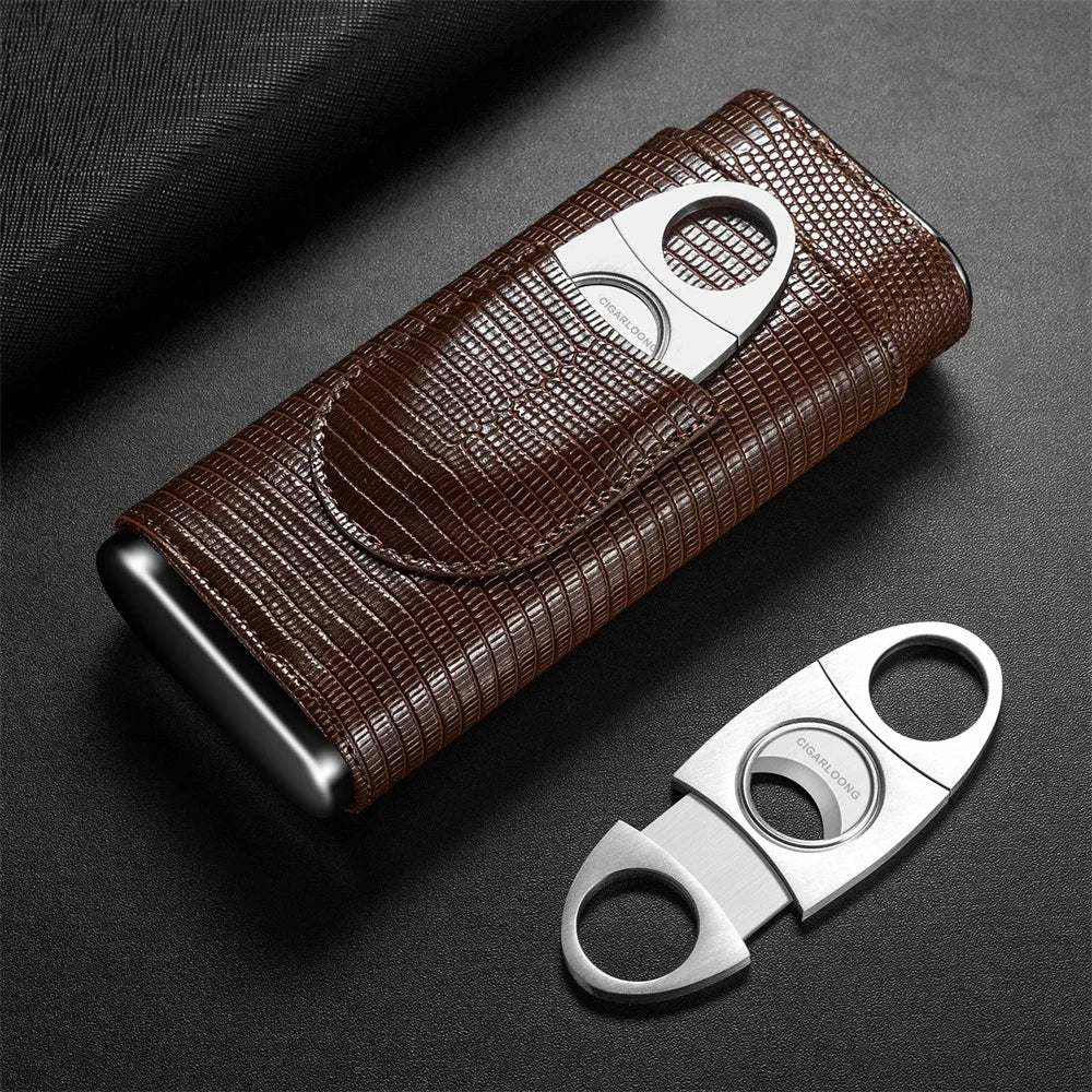 3-pack Cigar Case Luxury Portable Leather Holder Box Storage with Stainless Steel Sharp Cigar Cutter Smoking Accessories CH-24FA