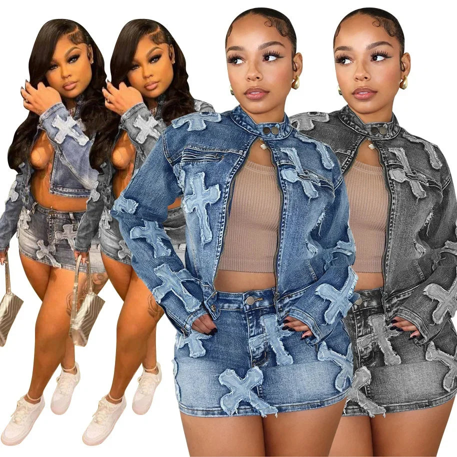 Spring New Denim Skirt Set F8505 Cross-Border Hot Sale Embroidered Short Skirt Jacket Set Cotton Knee-Length Women's Outfit
