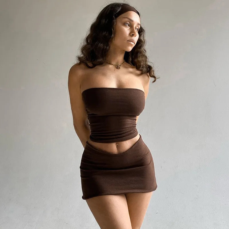 Y2k New Sexy Women Skirt Fashion Solid Color Tanks Package Hip Short Skirts Female Spring Summer Slim Mini Skirts Tube Tops Sets