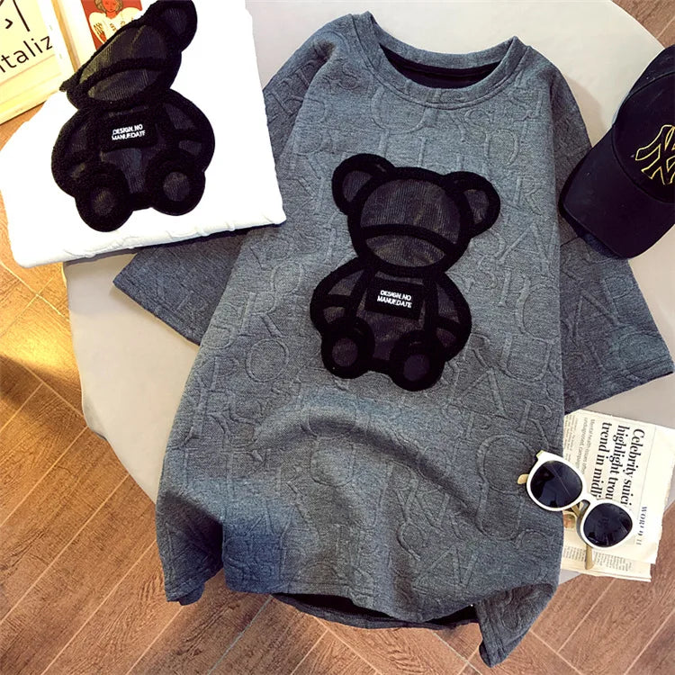 CGC Korean Fashion Women Oversized T-shirt Casual Bear Printing Short Sleeve Tees Summer Female Loose Tops Simple O-Neck T-shirt