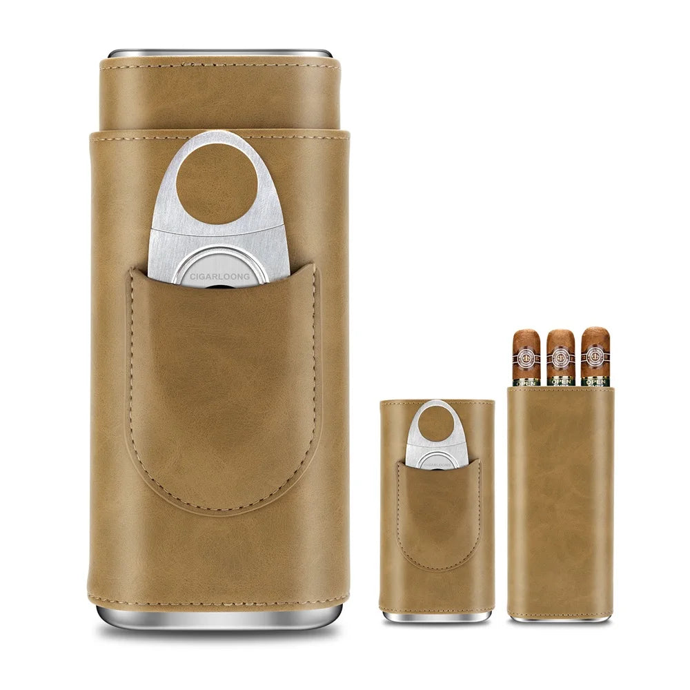 3-pack Cigar Case Luxury Portable Leather Holder Box Storage with Stainless Steel Sharp Cigar Cutter Smoking Accessories CH-24FA
