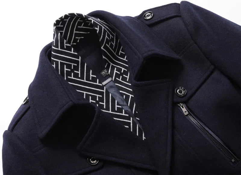 Winter Men's Woolen Coats Fashion Thicken Mid Length Trench Solid Turn Down Collar Warm Outerwear Business Casual Wool Coat Men