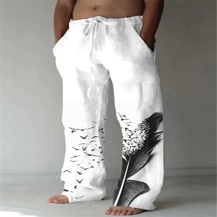 Plus Size 5xl Mens Loose Pants 2025 Summer Casual Linen Pants Male Fashion Print Trouser Men Patchwork Drawstring Leisure Pant