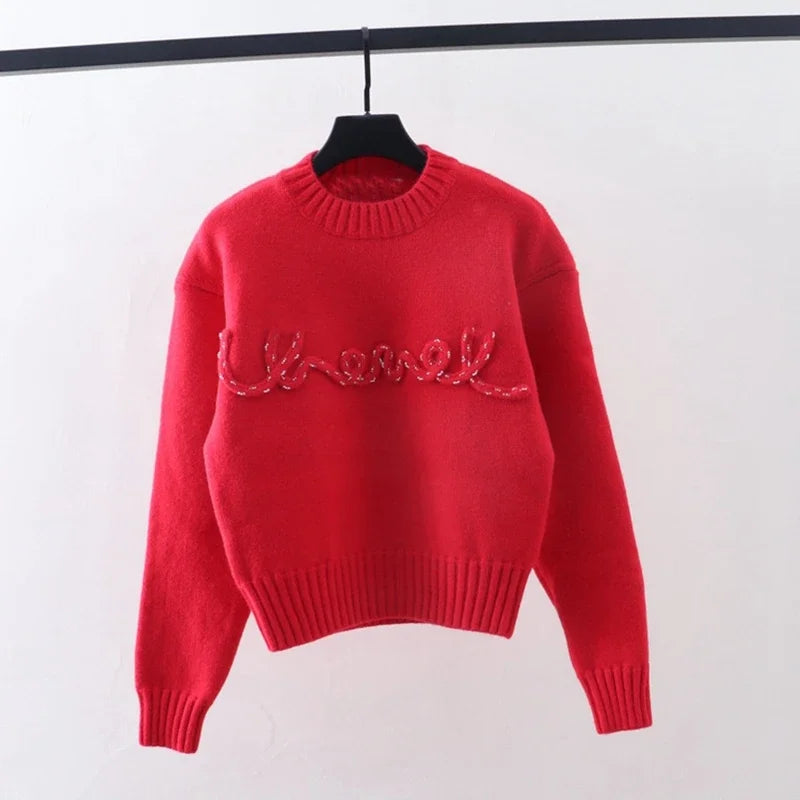 Autumn New Pullover Sweater Women Design Sense Letter Knitted Beaded Round Neck Short Simple Female Knitted Top