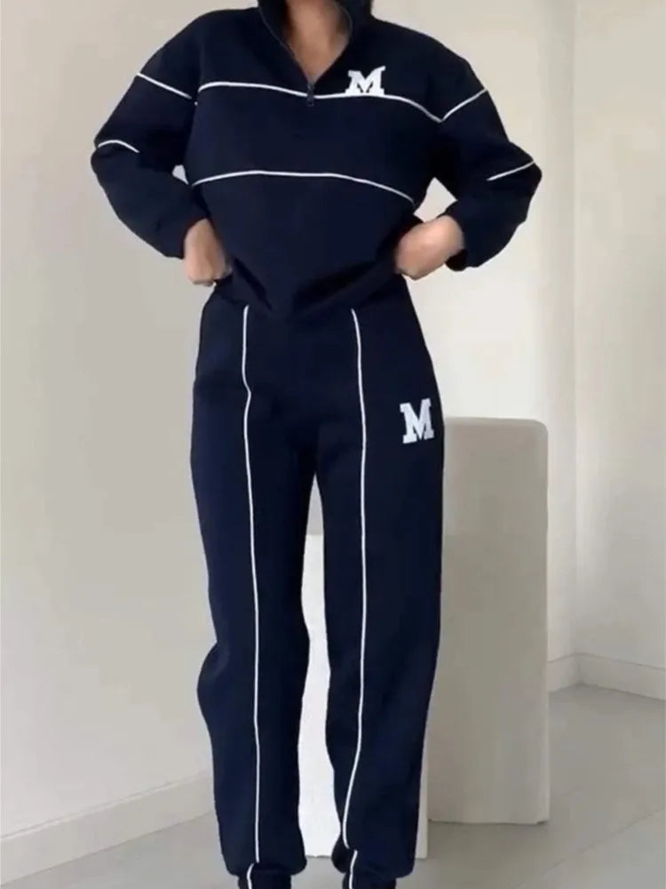 Autumn Winter Women's Fashion Letter Print Sweatshirt Set Casual Zipper Half Open Collar Long-sleeve + Sweatpants Two-piece Set
