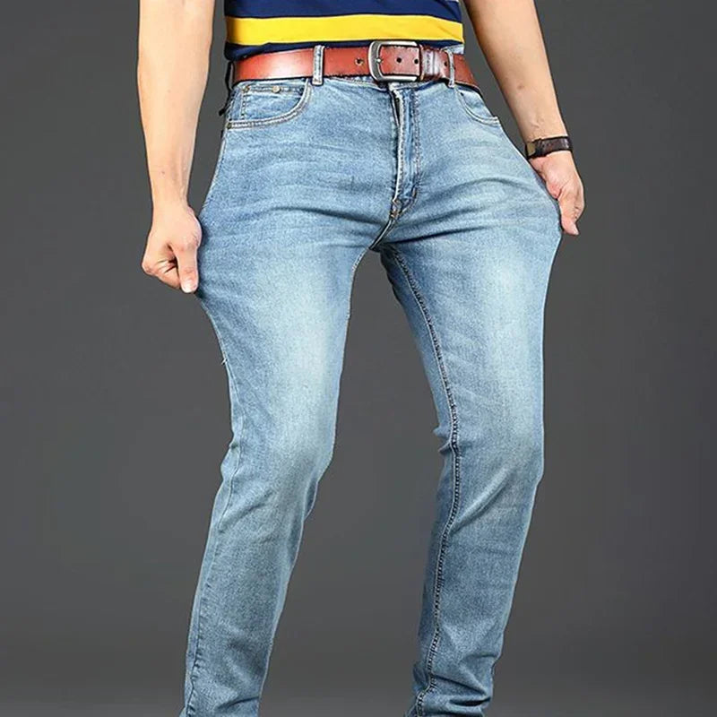 New Men Classic Casual Jeans Male Fashion Business Slim Straight Leg Trousers Stretch Denim Fabric Pants