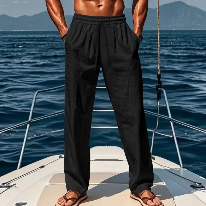 Spring and summer new men's solid-color cotton and linen casual long pants, Hawaiian beach loose sports and breathable street pa