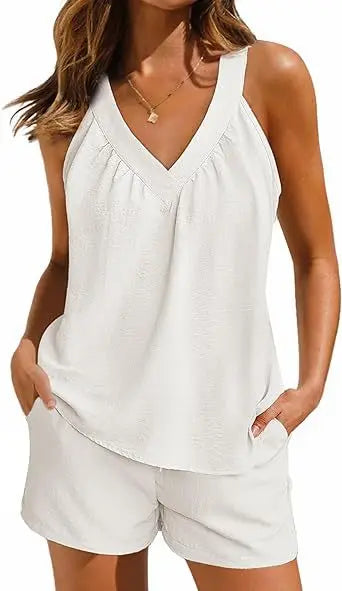 New Summer Women's 2-piece Set Pink V-neck Vest Elastic Pocket White Stylish Black Shorts Set