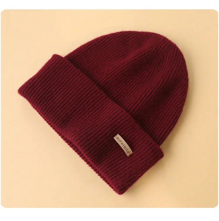 100% Merino Wool Double-Sided Beanie for Men Women Thick Soft Warm Winter Skull Caps Solid Color Knitted Beanies Hat