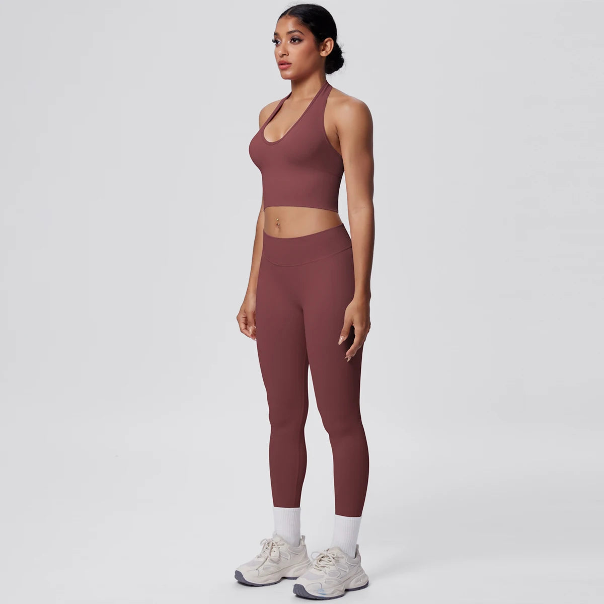 Solid Color Backless Breathable 2pieces Set for Woman High Strength Training Yoga Set Hanging Neck Bra Gym Push Up Fitness Pants