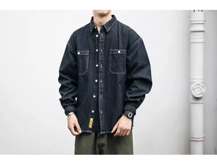 Retro Striped Loose Fit Long Sve Collared Men's Denim irt Spring Faion Workwear Jaet Youthful Wear Resistant Chinese...