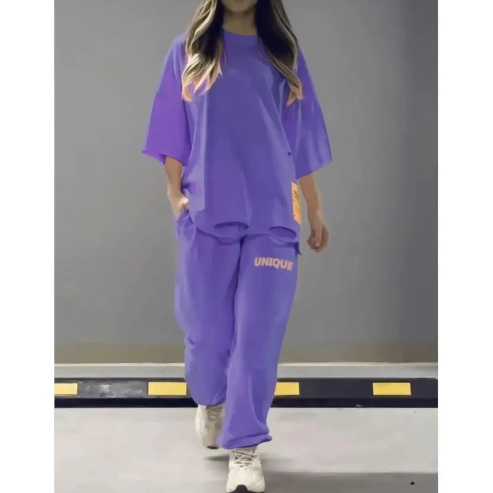 Summer New Fashion Hollowed Out O Neck T Shirt Women's 2 Piece Set Solid Color Casual Relaxed Tracksuit Pants Pocket Female Suit