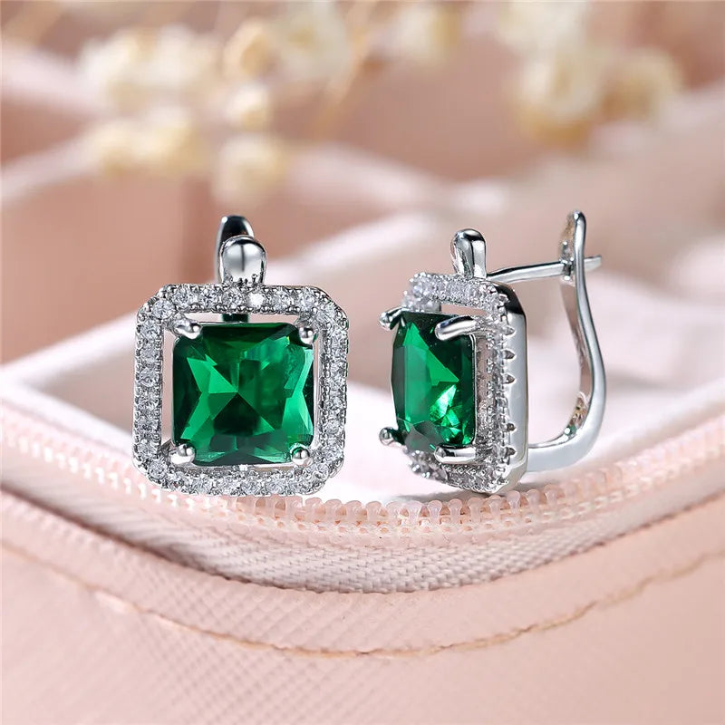 Female Luxury Green Square Zircon Stone Clip Earrings Charm Silver Color Wedding Jewelry For Women