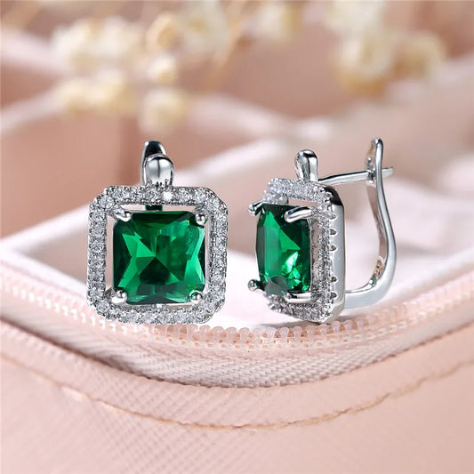 Female Luxury Green Square Zircon Stone Clip Earrings Charm Silver Color Wedding Jewelry For Women