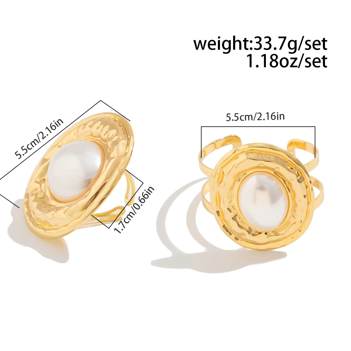 PuRui 2Pcs/Set Exaggerated Circle Chunky Adjustable Open Cuff Bangles Imitation Pearl Rings for Women Grunge Jewelry Set Gift