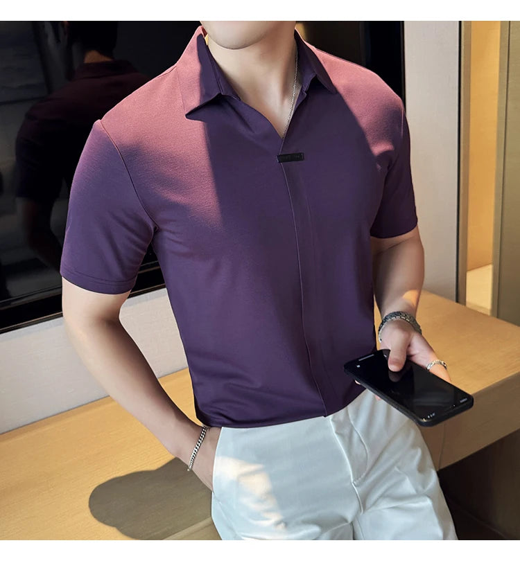 Luxury Purple Polo Shirts For Men High Quality Summer Short Sleeve Men's Polos Ice Silk Elastic Slim Fit Turn Down Collar Tees