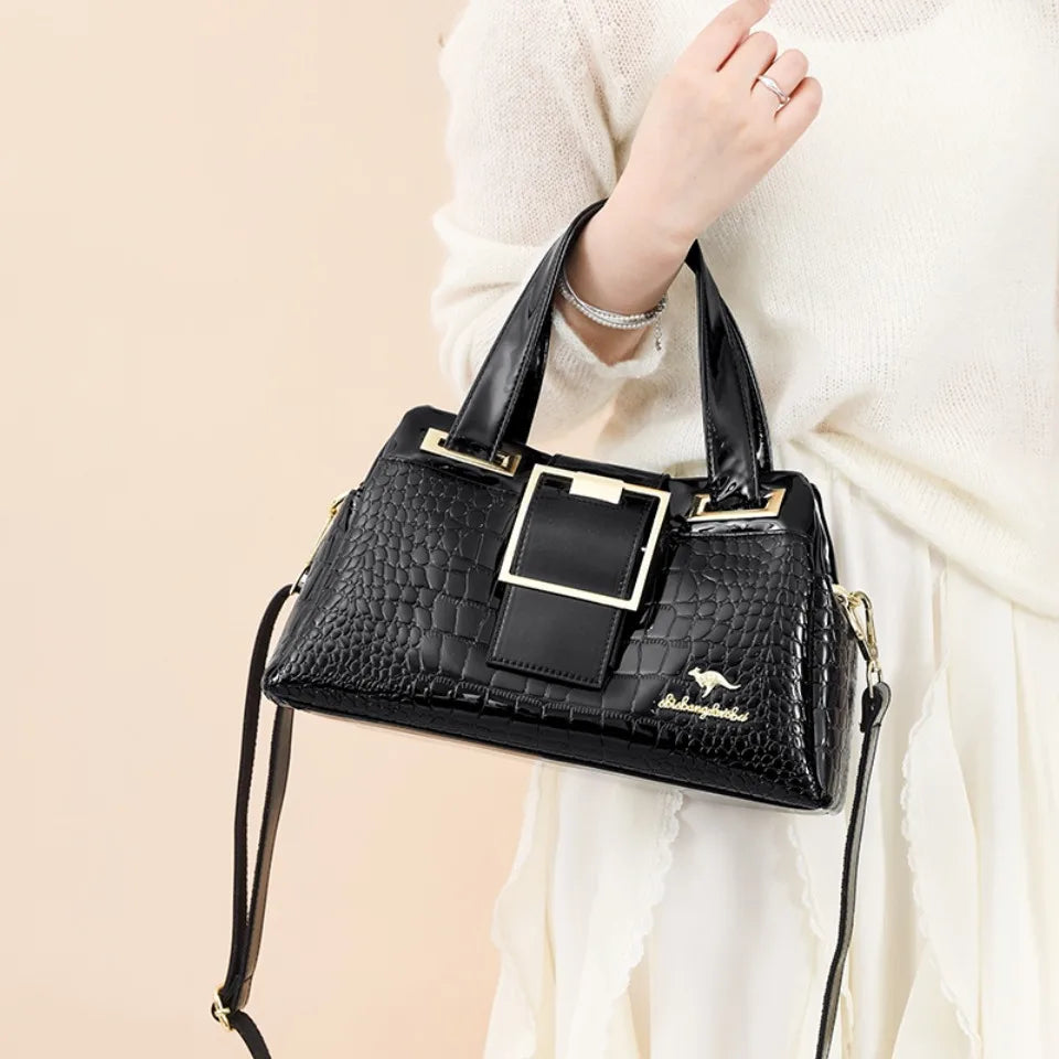 Fashion Elegant Madam Handbag Crocodile Pattern with Lattice Luxury Women Shoulder Tote Bag Two Layers Ladies Bag Big Belt Sac