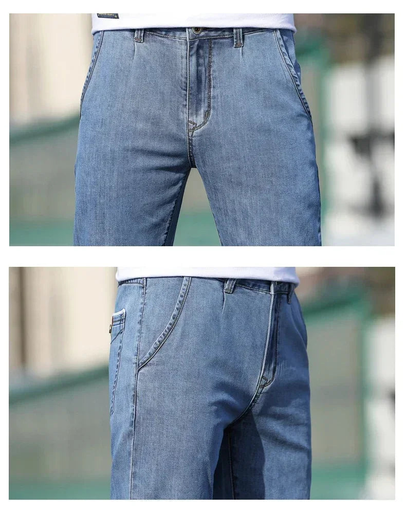 KUBRO 2024 Summer New Men's Loose Stretch Gray Jeans Fashion Casual Stretch Straight-leg Denim Pants Male Light Blue Brand