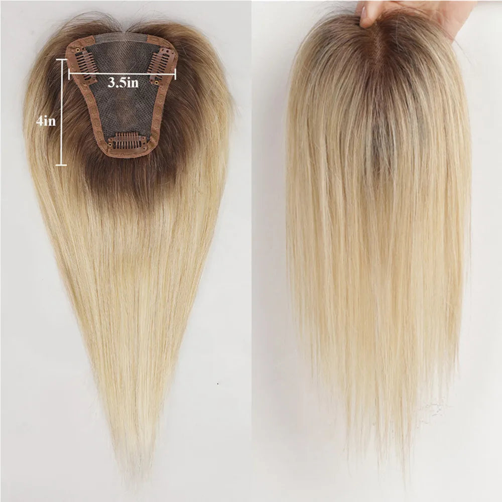 100% Real Human Hair Toppers for Women Ombre Brown Blonde Hair Topper 3.5*4 inch Lace Base Clip in Hair Extensions for Hair Loss