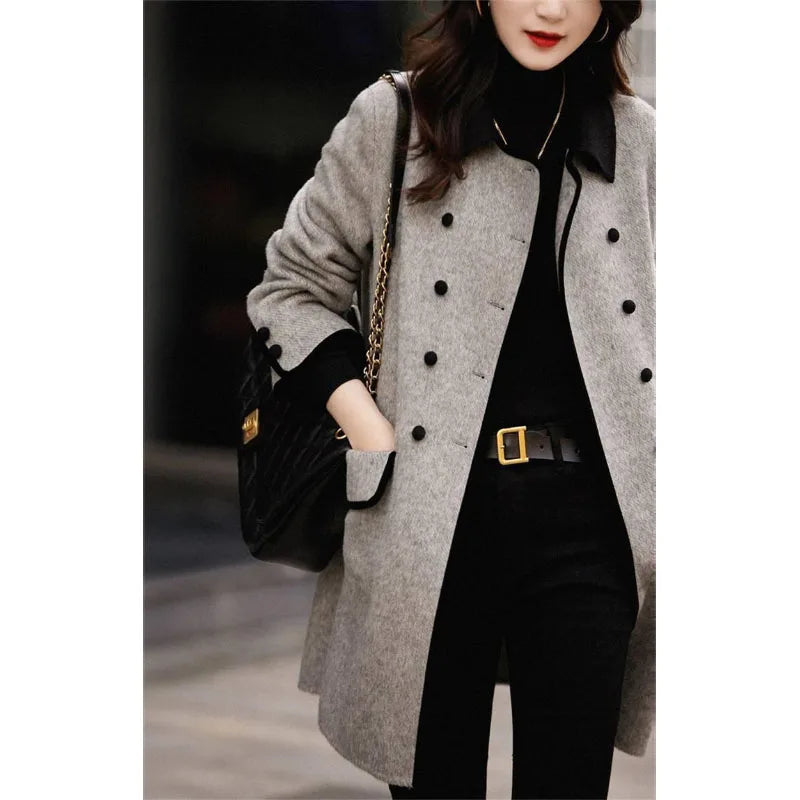 New High Quality Woolen Coat Female Autumn Winter Fashion Korean Slim Casual Versatile Style Contrast Color Wool Overcoat Women