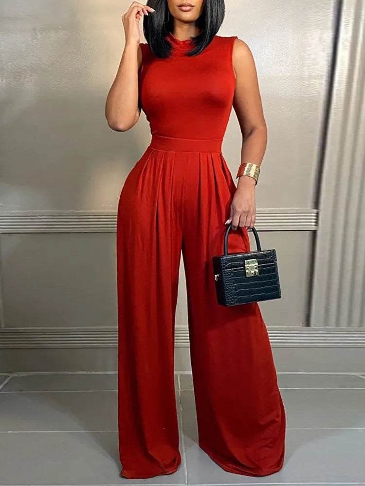 Elegant Women's Wide-leg Long Jumpsuit Spring And Summer Fashion Printed Sleeveless Casual Mid-waist Straight Jumpsuit Trousers