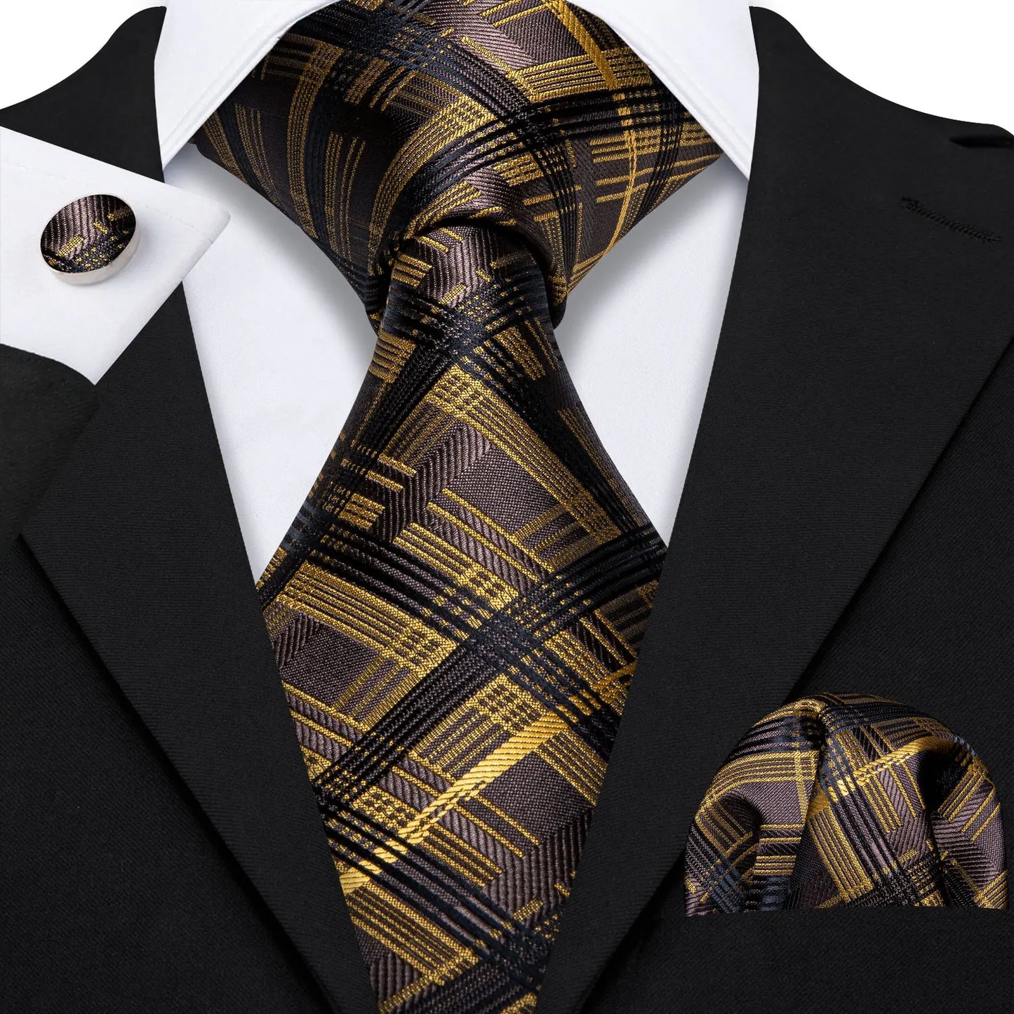 Barry.Wang Orange Brown Silk Mens Tie Hanky Cufflinks Set Gold Coffee Jacquard Designer Necktie For Male Wedding Business Party