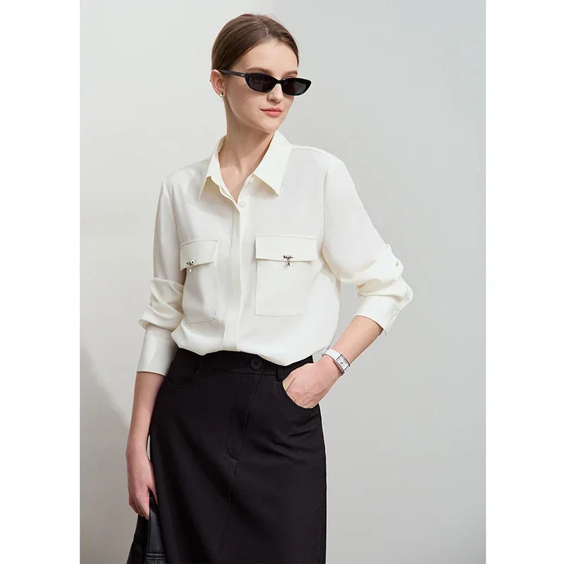 AMII Minimalist Chiffon Shirt Women 2025 Spring New Temperament Gentle Lapel Bamboo Work Pocket Concealed Button Tops 12521032