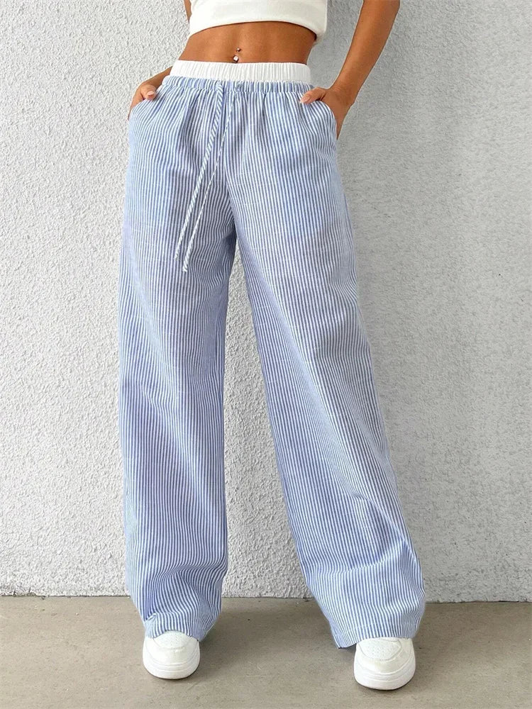 Casual Striped Woven Wide Leg Pants for Women Autumn Winter Casual Stylish Full Length Trousers Y2K Clothes Streetwear
